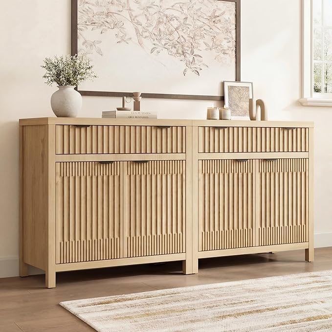 FLOWBACK 64'' Fluted Buffet Cabinet with Storage，Large 62''W Sideboard Cabinet Modern Credenza with Fluted Doors & Shelves Farmhouse Coffee Bar Media Console Accent Cabinets for Living Room, Entryway