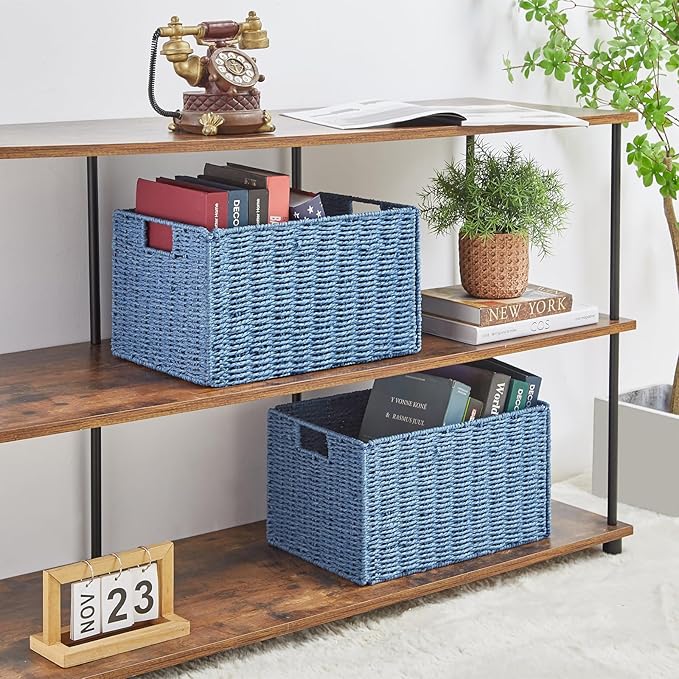 Vagusicc Wicker Storage Basket, Set of 2 Hand-Woven Paper Rope Wicker Basket, Small Storage Baskets for Organizing Toilet Paper Basket, Foldable Large Cube Storage Organizer Bins for Shelves (Blue)