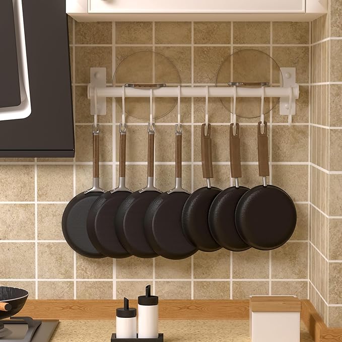 Dseap Kitchen Utensil Holder Hanger, Pot and Pan Rack Wall Mounted, Kitchen Rail with 8 Hooks for Hanging Cooking Utensils, Mugs, Spoons, Wall Mounted, White