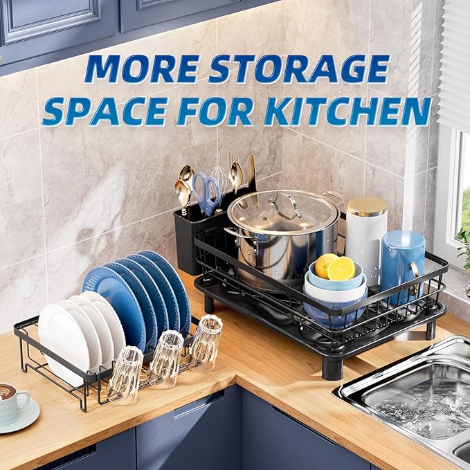 Dish Drying Rack, Stainless Steel-Dish Rack, Dish Racks for Kitchen Counter, Kitchen Dish Drainers with Removable Utensil Holder,New Drain Outlet,Plate Rack and Drainboard (Black 3)