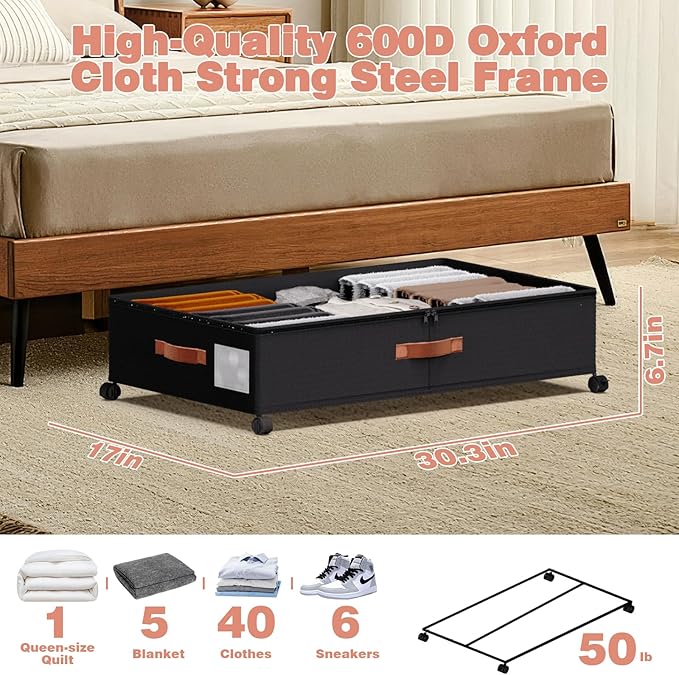 Under Bed Storage with Wheels - Rolling Underbed Containers with PVC Clear Lid & Dividers, 600D Oxford Fabric, PU Leather Handles, Adjustable Magic Tape Partition, XXL 66L (2, Black)