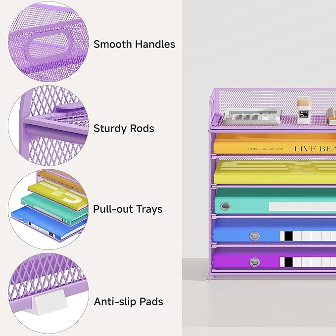 6 Tier Paper Organizer, Purple Letter Tray with Handle, Mesh Desk Organizer, Metal File Organizer, Office Desk Accessories for Home, Office, Classroom, School