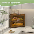 Corner Bread Box for Kitchen Countertop, Large Bread Container Storage Bamboo Wooden Farmhouse Bread Box with Window Bread Holder (Brown)