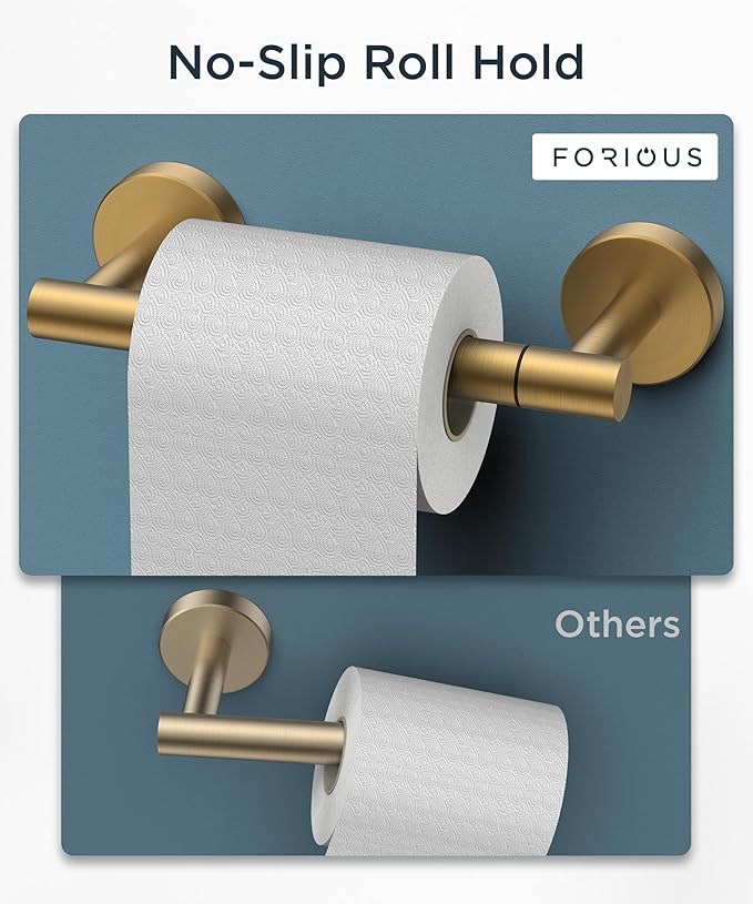 FORIOUS Toilet Paper Holder Wall Mount, Stainless Steel Rustproof Double Post Pivoting Tissue Roll Holder for Bathroom, Commercial Toilet Paper Dispenser, Brushed Gold & Matte Black