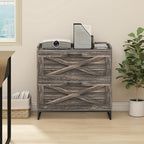 File Cabinet 2 Drawers Lateral File Cabinet with Charging Station for Letter/Legal/A4 Size Hanging Files, Large Wood File Storage Cabinets Printer Stand for Home Office, Dark Rustic Oak