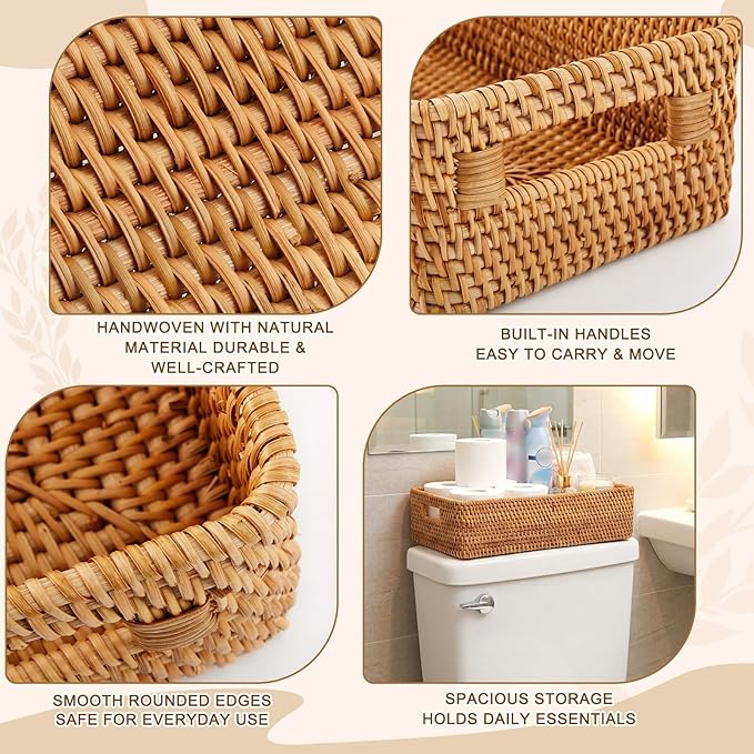 Toilet Tank Top Storage Basket, Narrow Rattan Bathroom Organizer with Handles, Wicker Toilet Paper Holder Basket Fits Most Standard Tanks (14.6" L x 6.7" L x 3.9" h)