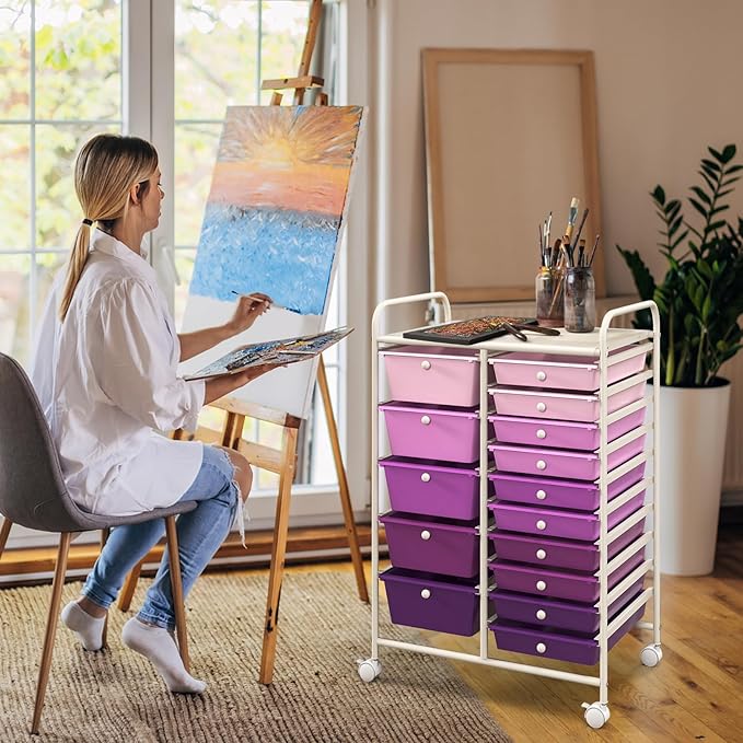 LUARANE Rolling Cart with 15 Drawers, Craft Storage Cart with Portable Handles & Lockable Wheels, Mobile Toys Organizer, Large Capacity Utility Drawer Cart Home Office School Teacher (Gradient Purple)