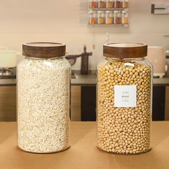 KEYWING 88oz Large Glass Jars with Airtight Acacia Wood Lids, Set of 3 Food Storage Containers for Flour, Sugar, Rice, Pasta, Cereal, Cookies – Includes 126 Labels