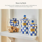 MACKENZIE-CHILDS Cookie Jar with Enamel Lid, Large Glass Treat Jar or Kitchen Jar, 1-Gallon Capacity, Blue-and-White Royal Check