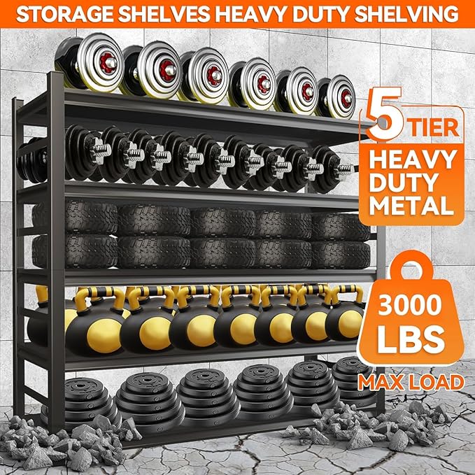Metal Garage Shelving Unit, Heavy Duty Steel Storage Shelves, 3000 lbs Capacity, Adjustable 5-Tier Metal Shelf, Ideal for Garage, Warehouse, or Home Organization (with fence 47.24" W x 18" D x 78" H)