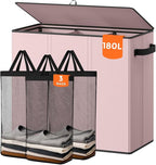 180L Laundry Hamper 3 Section, Large Laundry Basket with Lid, Laundry Basket Organizer with Handles, Pink Divided Laundry Baskets, Clothes Hampers for Nursery, Bedroom, Bathroom