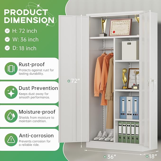 INTERGREAT Metal Wardrobe Closet, 72" Locking Storage Wardrobe Cabinet with Doors and Shelves, 18" D x 36" W Steel Clothes Storage Cabinets for Office, Home, School, Gym（White）