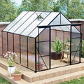 Double Sliding Door Polycarbonate Greenhouse with Rain Gutter and Roof Vent, Raised Base and Anchor Aluminum Heavy Duty Walk-in Green House, Outdoor Patio Sunroom (Black, 121.25*94.5*89.5in)