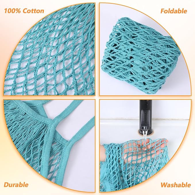 2 Pack Reusable Mesh Grocery Bags, Washable Cotton String Shopping Bag Long Handle Mesh Produce Bag for Fruit Vegetables Potatoes Farmers Market