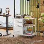 DEVAISE 3 Drawer File Cabinet with Open Shelf, Mobile Lateral Rolling Printer Stand, White Fabric Filing Cabinet fits A4/Letter Size for Home Office Storage