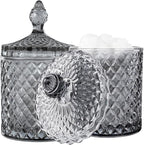 rejomiik 2 Pack Qtip Holder Glass Apothecary Jars with Lid for Bathroom Canisters Dispenser Decor Storage Organizer for Cotton Swabs, Balls, Pads, Floss Picks, Candy, Grey