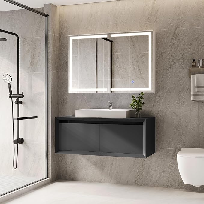 Hasuit Lighted Medicine Cabinet with Mirror, Wall Mounted Bathroom Mirror with Storage, 2 Doors Bathroom Wall Cabinet with LED Lights, 31.5'' x 23.6''