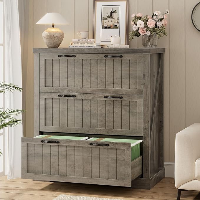 SEDETA File Cabinet for Home Office, Farmhouse 3 Drawer Filing Cabinet, Wood Office File Cabinets for Letter/Legal/A4 Size, Lateral File Cabinets with Printer Stand, Grey