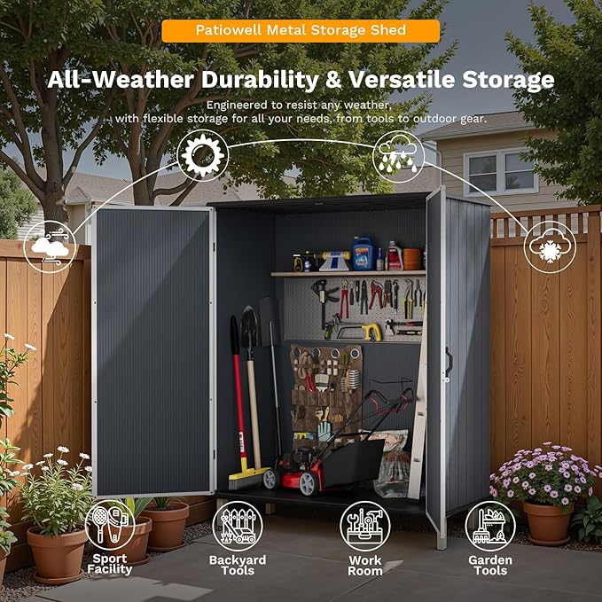 Patiowell Plastic Outdoor Storage Shed with Floor, 5 x 3 FT Patio Outdoor Storage Cabinet with Stable Roof & Lockable Doors, Waterproof Resin Shed for Tools, Patio Furnitrue Accessories, Dark Gray