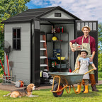 DWVO 6x4.4 FT Resin Storage Shed with Fence-Style and Side Windows, Lockable Door, and Vents Outdoor Storage Shed for Garden, Backyard, Patio, Lawn