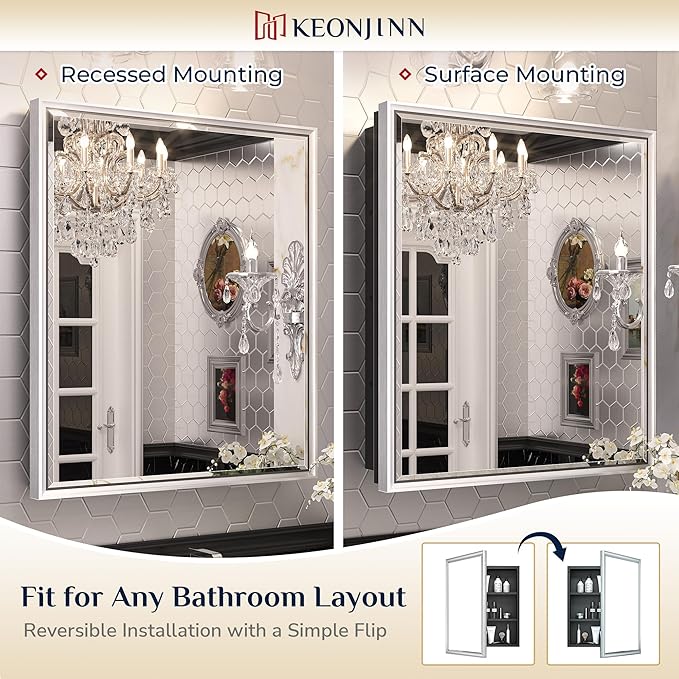 Keonjinn 48” x 30” Medicine Cabinets with Mirror for Bathroom Recessed or Surface Wall-Mounted Aluminum Alloy Framed Beveled Mirror with Soft Close Hinge, 3 Doors Silver Storage Cabinet