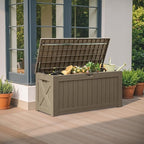 Flamaker Resin Deck Box 120 Gallon Waterproof Large Outdoor Indoor Storage Box Imitation Wood Resin for Patio Furniture Garden Tools and Pool (Brown)