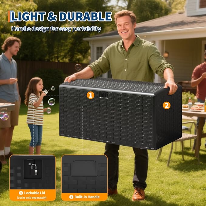 Garvee 100 gal Outdoor Storage Box, Lockable Plastic Deck Box with Lid, Waterproof & UV-Resistant Storage Bin for Patio Cushions, Garden Tools & Pool Accessories, Black