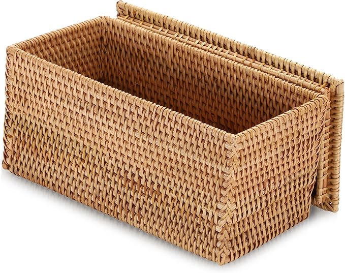 Hipiwe Rattan Basket Box with Lid Toilet Roll Storage Baskets Bin Handwoven Wicker Basket Box Bathroom Toilet Paper Holder Rectangular Baskets Bin for Shelf Home Decor, 11.8"Lx6.2"Wx6.1"H