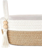 Mkono Small Storage Basket for Toilet Tank Top Boho Bathroom Decor Woven Rope Toilet Paper Tray Organizer for Shelf Bedroom Living Room, Brown and White, 1 Pack, 13" L x 6" W