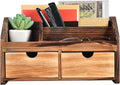 Rustic Torched Dark Brown Wood Desk Organizer Wooden Tabletop Stationery Holder Multiple Compartments Slots 2 Drawers Storage Cabinet Office Supplies Makeup Accessory Sorter Display Box Home