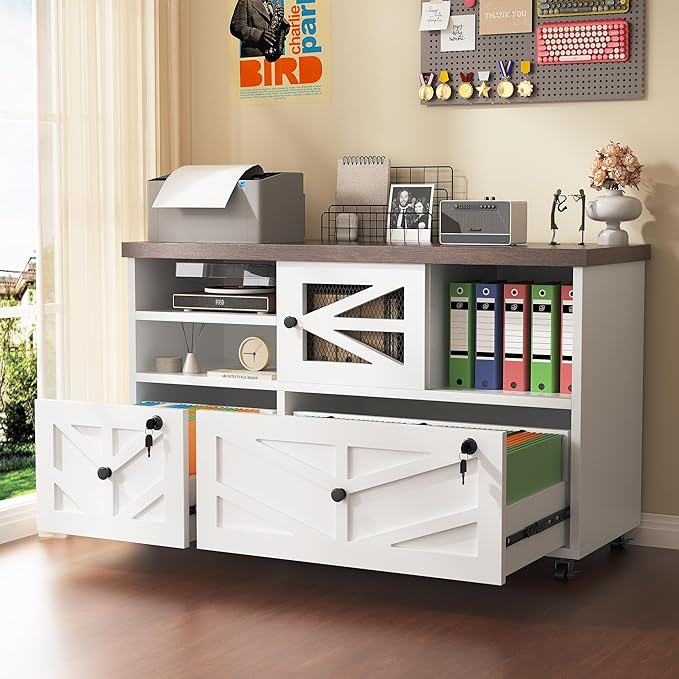 Semoic White Lateral File Cabinet with Lock, 2 Drawer Rolling Filing Cabinet for Home Office, Mobile Storage Cabinet with Open Shelves & Sliding Door, Fits Legal/Letter/A4 Files, Herringbone Design