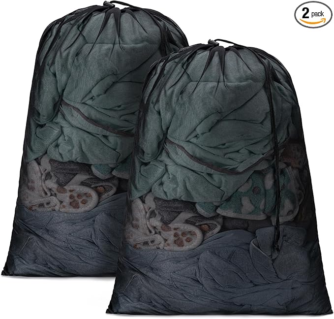 2 Pack Mesh Laundry Bags,Machine Washable Dirty Clothes Organizer with Drawstring and ID Tag, Large Laundry Hamper Liner Enough to Laundry Essentials for Travel, Sports（28" x 40",Black)
