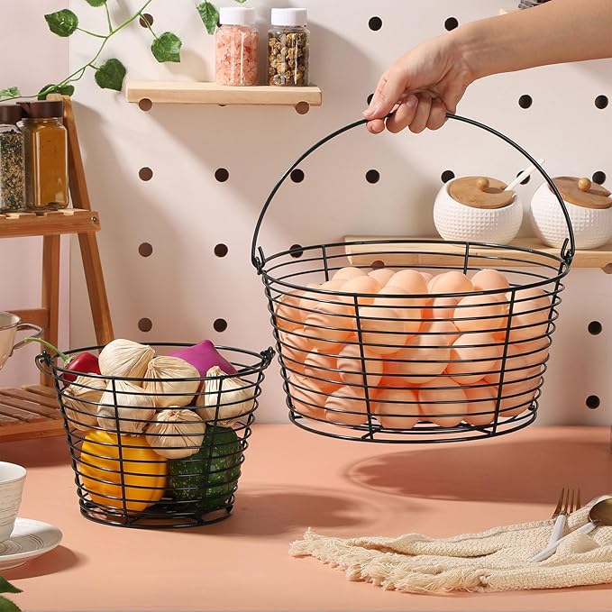 Colorful Metal Mesh Wire Egg Collecting Basket with Handle Portable Garden Vegetable Fruit Storage Lightweight Hanging Collector for Farmhouse Gathering Kitchen Picnic (Green, Large - 12")
