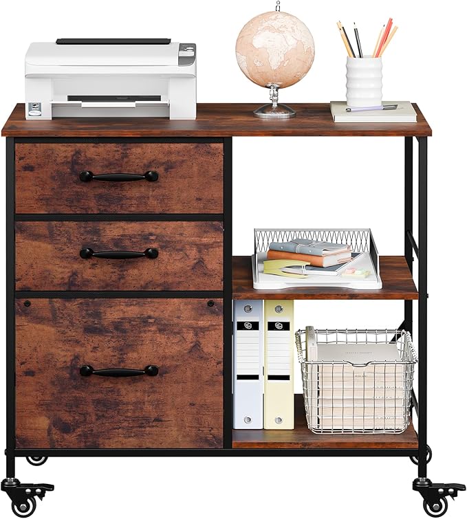 ZENY Lateral File Cabinet with 3 Drawers, Mobile File Cabinet Printer Stand, Rolling Fabric Lateral Filing Cabinet for Office Home Small Space (Rustic Brown)