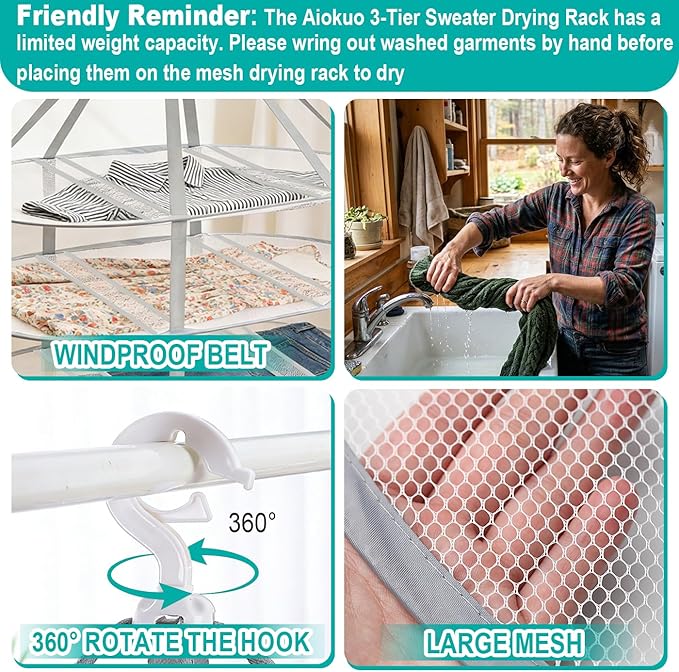 3-Tier Folding Mesh Clothes Drying Rack, Hanging Sweater Dryer for Laundry, Large Foldable Flat Dry Hanger, Portable Mesh Clothes Drying Net for Delicate Garments