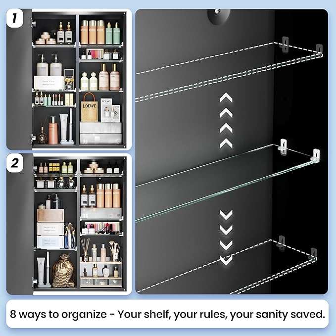 Tall Black Medicine Cabinet 20x30 Inch, Bathroom Wall Mirror Cabinet with Storage, 6-Tier Adjustable Glass Shelving, Waterproof Aluminum Frame, Quiet Soft Close, Modern Vanity Decor