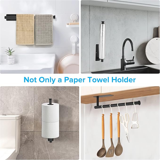2nd Gen Paper Towel Holder Under Cabinet No Drilling, [More Sturdy] Self Adhesive or Drilling Paper Towel Holder Wall Mount for Kitchen,RV [Fit Mega Paper Towel Roll] SUS304 Stainless Steel