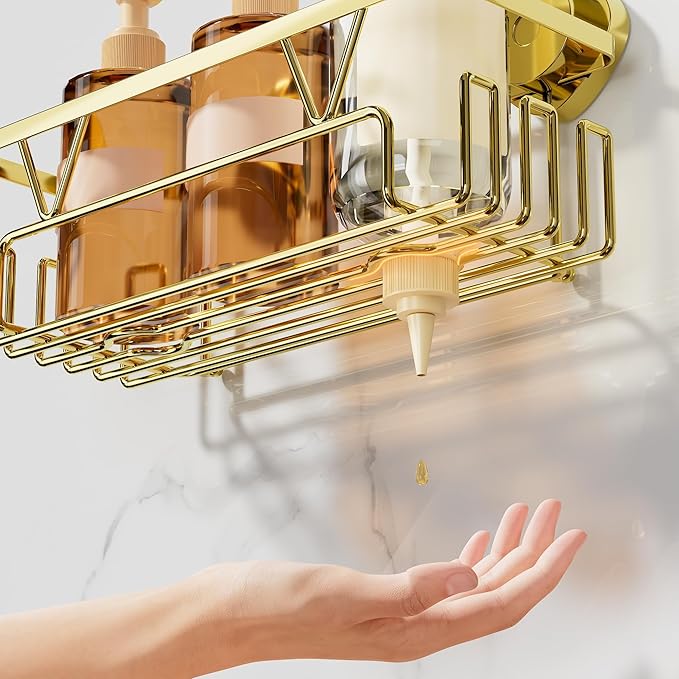 KEGII Suction Cup Shower Caddy – 3 Pack Suction Cup Shelf with Soap Holder & Hooks, Rustproof Stainless Steel Shower Organizer, Removable No Drilling Bathroom Storage Rack, Gold