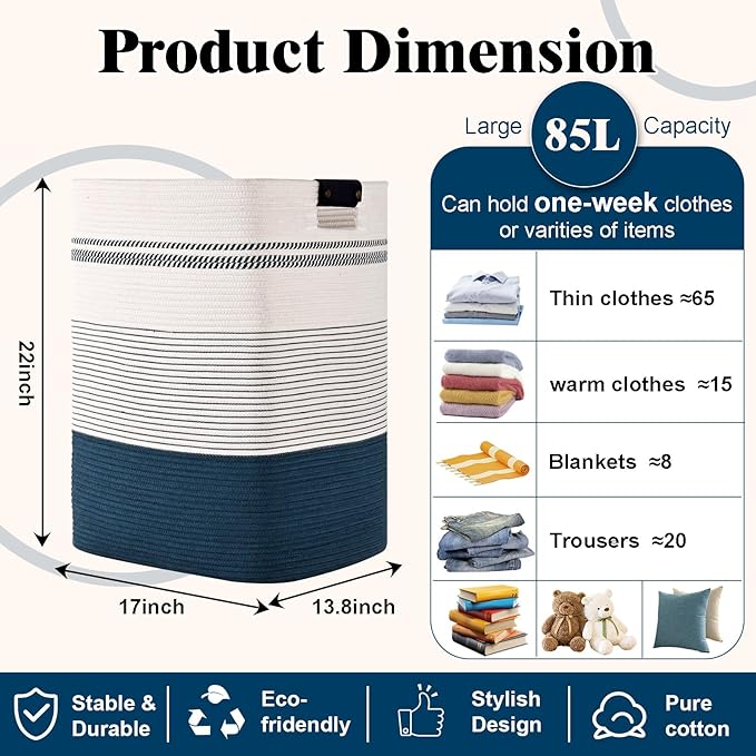 Laundry Hamper, 85L Tall Laundry Basket with Leather Handles, Rectangle Large Clothes Hamper for Organizing, Cotton Woven Laundry Baskets Storage Hampers for Bedroom, Nursery, Living Room