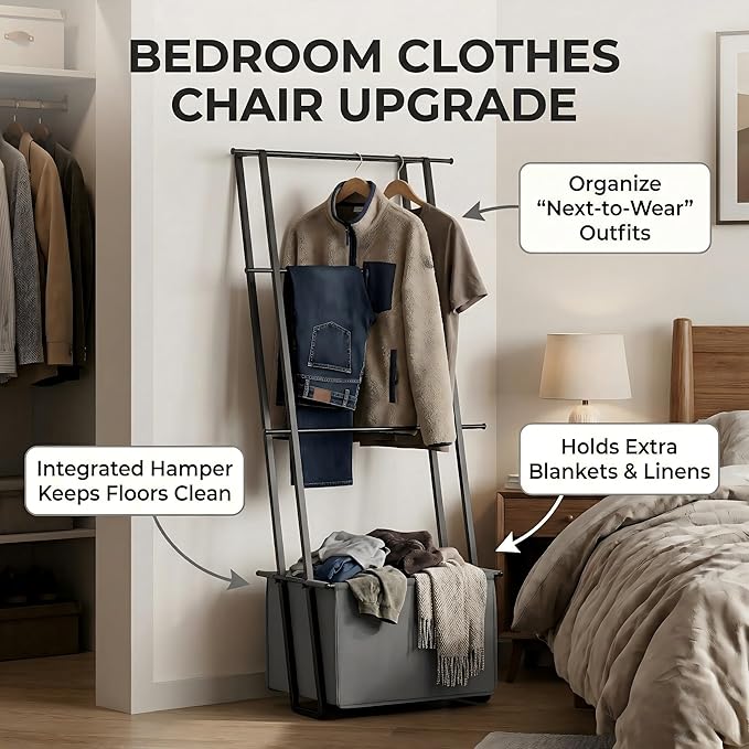 2-in-1 Leaning Blanket Ladder with Storage Basket, Matte Black Metal Towel Rack Stand, Drill-Free Space Saving Organizer for Bathroom & Bedroom Throws, 63"