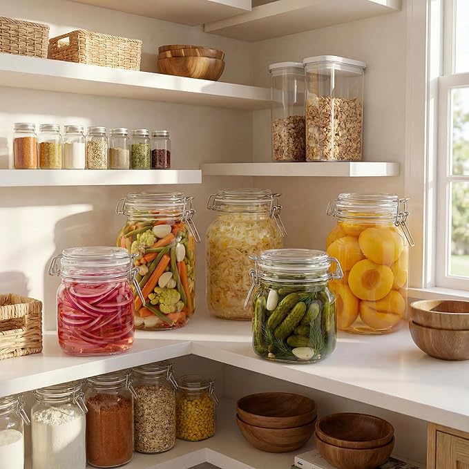 Square Glass Jars with Airtight Lid Set of 3, 50 floz Wide Mouth Mason Jars with Clamp Lids,Glass Sealed Jars with Air Tight Lids, Best for Kitchen & Pantry Food Storage