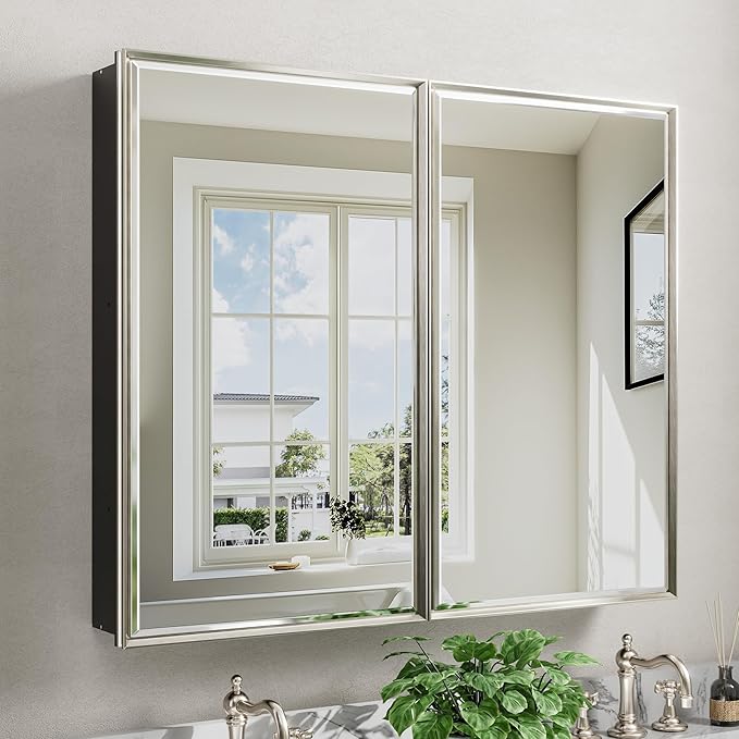 Pre-Assembled Surface or Recessed Medicine Cabinet Mirror-40x30 Brushed Nickel Bathroom Medicine Cabinet with Mirror & Rustproof Aluminum Frame, Beveled Bathroom Vanity Mirror with Storage