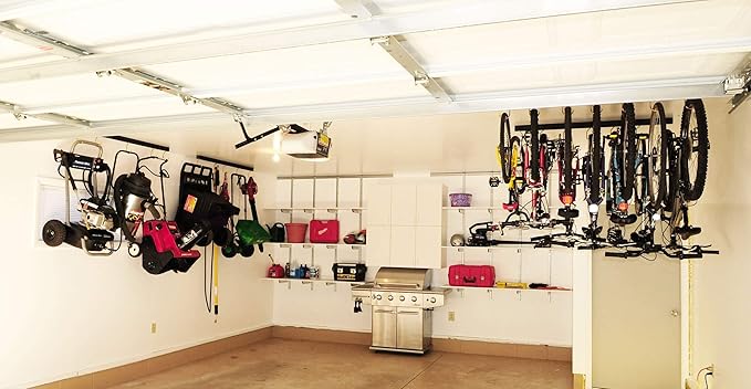 74" Adjustable Overhead Storage Track/Bike Rack With Hooks Slide and Rotate. 50 Lbs. Per Hook.