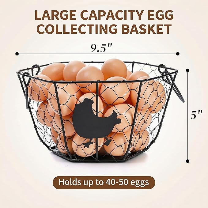 Goaste 2 Pack Metal Wire Egg Baskets, 9.5 Inch Chicken Egg Collecting Basket with Handle, Round Eggs Storage Container for Gathering Fresh Eggs, Vintage Black Wire Egg Holder for Easter Kitchen Home