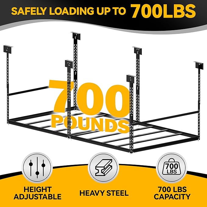 4x8 Ft Overhead Garage Storage Rack, 28-41 inch Height Adjustable Ceiling Mounted Organization Rack, 700 lbs Weight Capacity, 48"x96" Metal Rack for Garage Storage with Hanging Rods