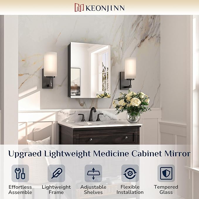 Keonjinn Black Medicine Cabinet 14 x 18 Inch, Assembly Needed, Small Bathroom Mirrored Medicine Cabinet, Lightweight, One Shelf Only, Freely Adjustable Shelves, Recessed or Wall Mount, Tempered Glass