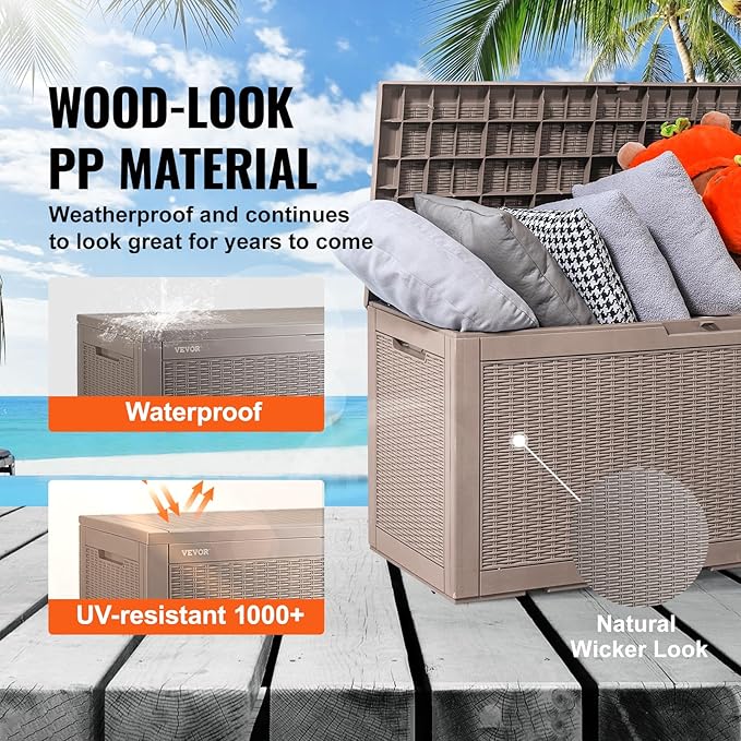 VEVOR Deck Box, 100 Gallon Outdoor Storage Box, 48.0" x 21.5" x 24.5", Waterproof PP Deckbox with Aluminum Alloy Padlock, for Patio Furniture, Garden Tools, Outdoor Cushions, Gray