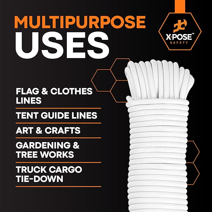 Plastic Clothesline - 100' Plastic Clothes Line - White Outdoor Weather Resistant - Synthetic Cord for Hanging and Drying Clothing & Laundry - Plastic Rope Clothes Line String for Pulley 6 Pack
