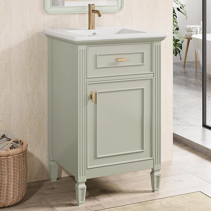 20 in Small Bathroom Vanity with Sink,Soft Closing Door,Tilt-Out Drawer and Adjustable Shelf,Solid Wood Frame Modern Single Bathroom Sink Cabinet,Freestanding (Green)