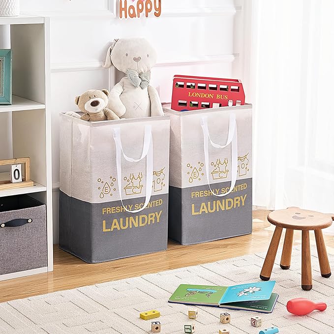 ELONG HOME 2 Pack Laundry Baskets, 92L Freestanding Laundry Basket with Handles, Waterproof Tall Collapsible Clothes Hamper for Dorm, Bedroom, Bathroom